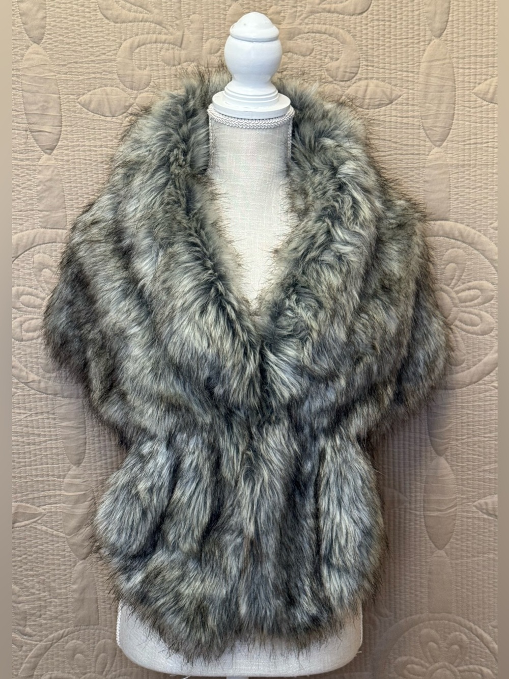 Clmmeiyuan Lux Shawl Collar Wrap in Grey and Black-Tipped Faux Fur